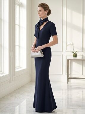 Rickie Freeman Teri Jon Women Navy Blue Maxi Dress Tie Neck Formal Wedding sz 10